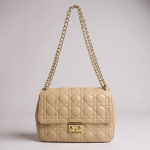 Christian Dior Shoulder Flap Bag Medium Nude Beige Pink Gold Chain